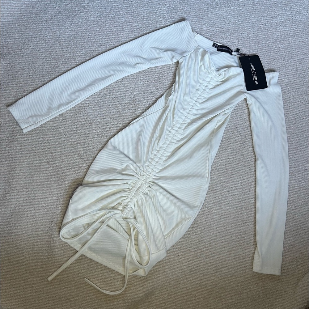 White Ruched Long-Sleeve Bodycon Dress
